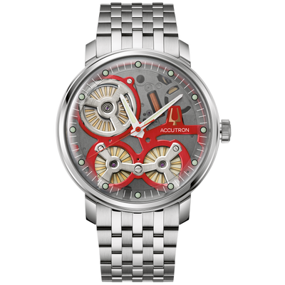 Accutron steel watch with red skeleton dial display