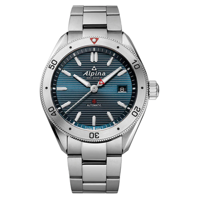 Alpina steel watch on blue dial and steel bracelet