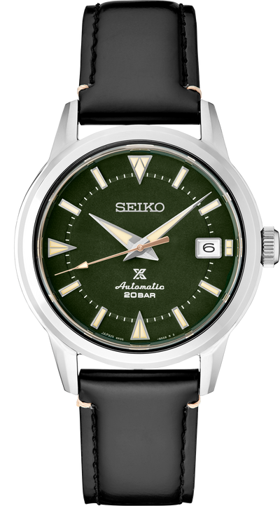 Seiko Steel watch on green dial and black leather band