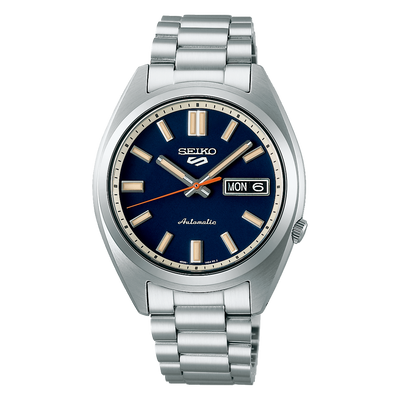 Seiko steel watch with navy dial and day date window