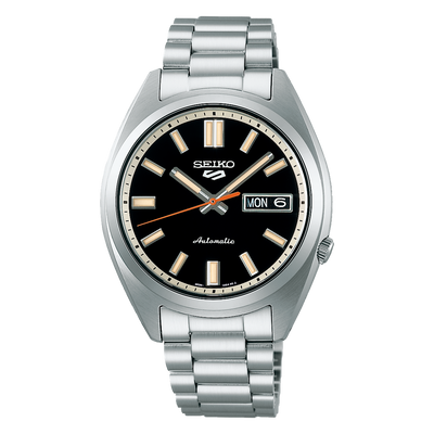 Seiko steel watch with black dial and day date window