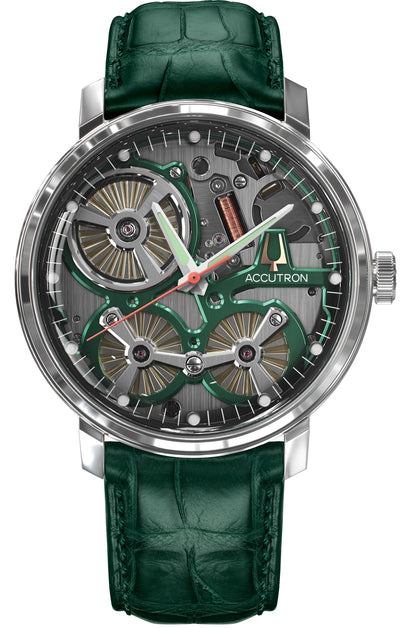 Steel wristwatch with movement reveling dial on green band