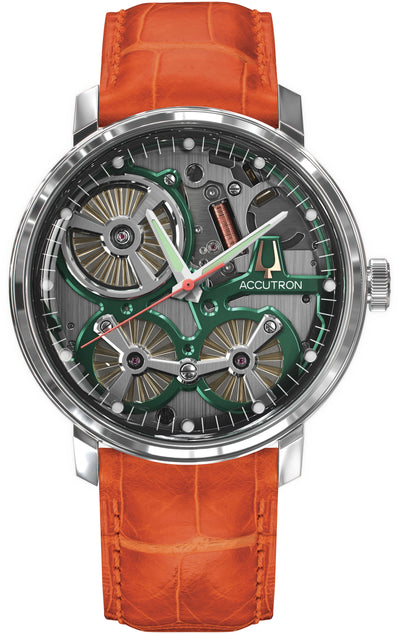 steel wristwatch on open-work dial with signature Accutron green accent on orange leather band