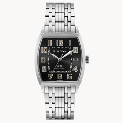 Steel wristwatch on black dial and steel bracelet 