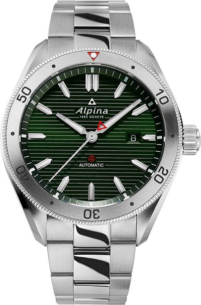 Steel wristwatch on dark green dial and steel bracelet