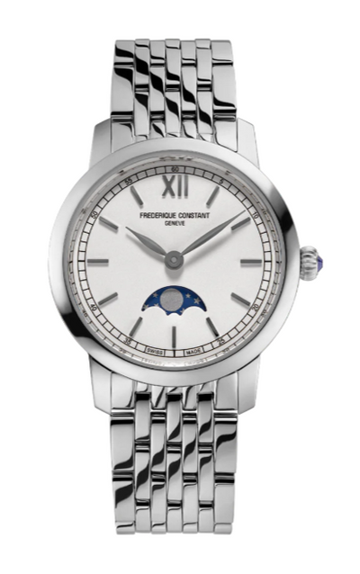 steel wristwatch on silver dial showing moon phase and on steel bracelet