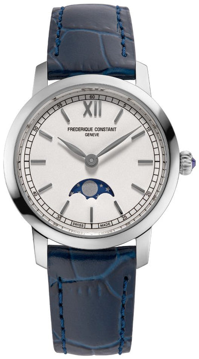 steel wristwatch on silver dial with moon phase on blue leather band