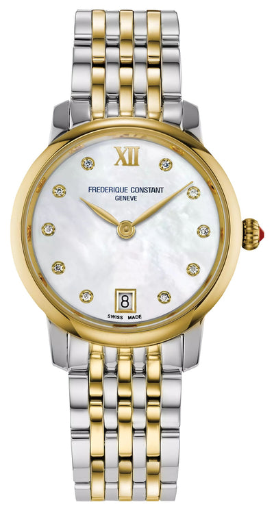 ladies watch steel and gold WHITE MOTHER OF PEARL DIAL WITH 10 SET DIAMOND AND YELLOW GOLD PLATED ROMAN NUMERAL INDEXES.