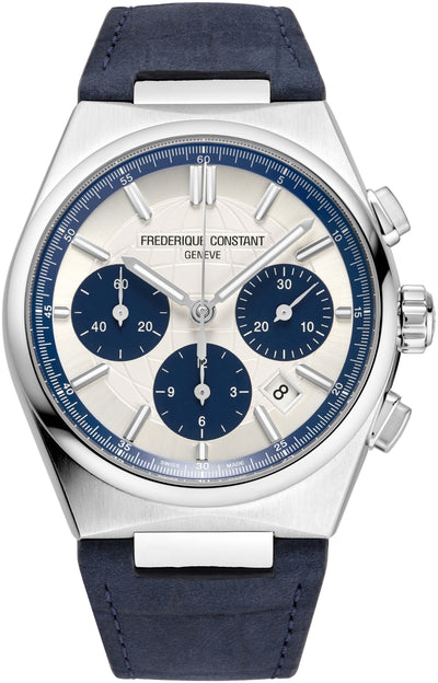 steel wristwatch on silver and blue chronograph dial and blue band