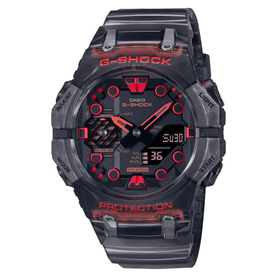 red and translucent gradated black digital and analogue wristwatch