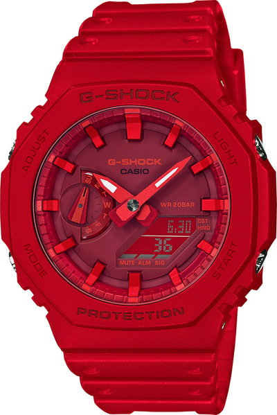 red plastic wrist watch with red dial