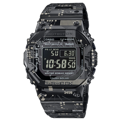 digital wristwatch with circuit board pattern applied to the surface 
