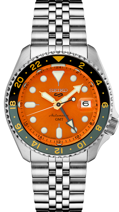 Steel wristwatch on orange dial and steel bracelet
