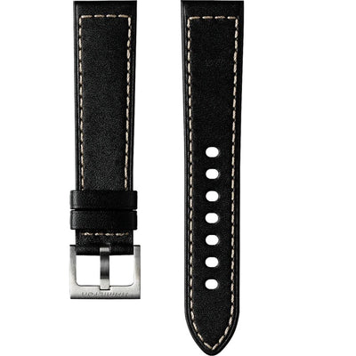 black wristwatch leather strap with pin buckle and white stitches