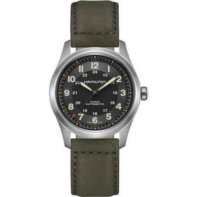 titanium wristwatch on black dial and gray leather band 