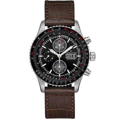 pilot Style wrist watch on black dial and brown leather band