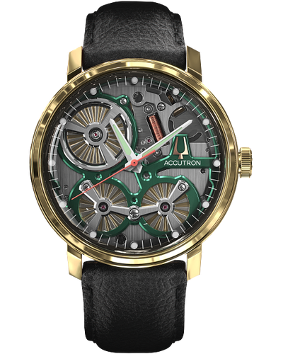 Solid gold Accutron Watch with a see-through Dial on a black leather bag ￼