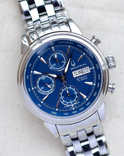 Accutron steel chronograph watch with blue dial