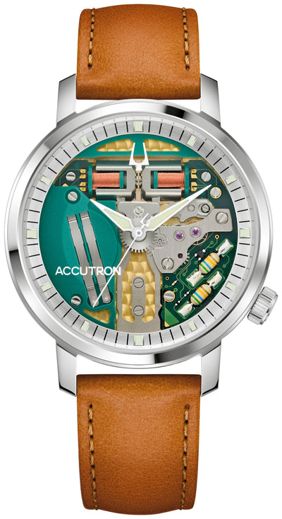 Accutron steel watch with exhibition dial showing moving parts
