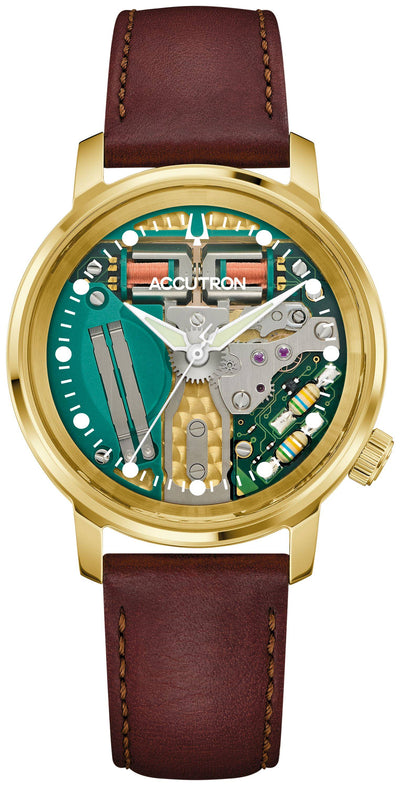 Accutron gold watch with exhibition dial showing moving parts