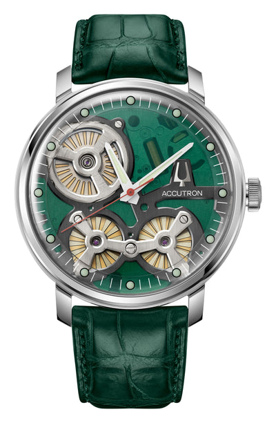 Accutron steel watch with green dial and green strap