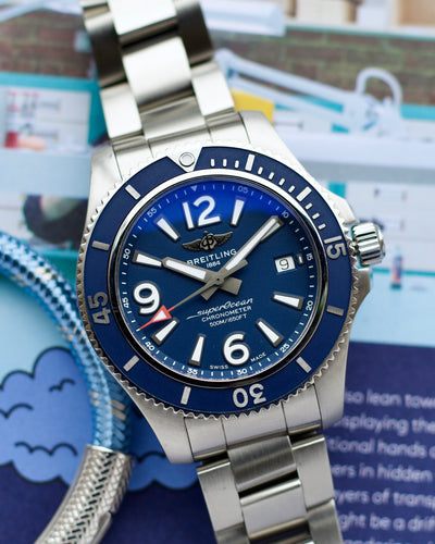 Breitling steel diver watch on blue dial