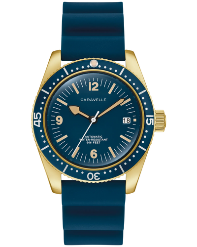 Caravelle watch with blue strap and gold case on a white background