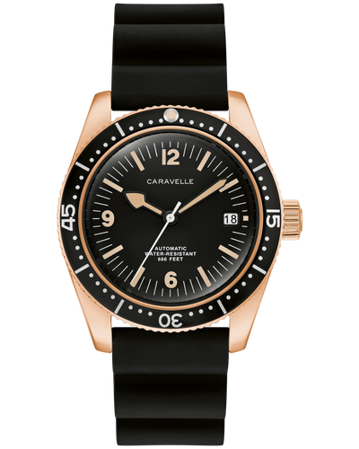 Caravelle watch with black rubber strap and rose gold case on white background