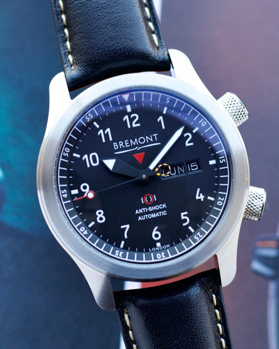 Bremont steel watch with double crown