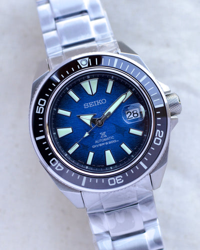 Seiko steel diver watch with blue dial