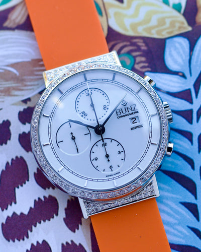 Bunz steel chronograph watch with diamonds on orange silicon band