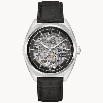 Bulova steel watch with skeletonized dial