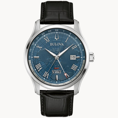 steel wristwatch on blue dial world map design and black strap 