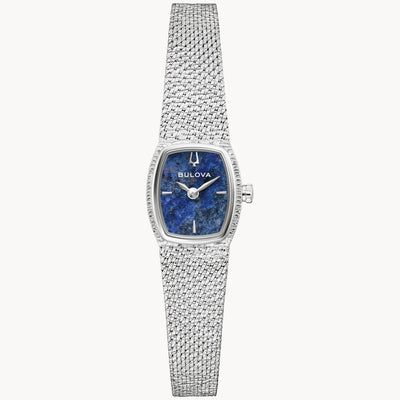 Bulova watch with blue face and silver mesh band on white background
