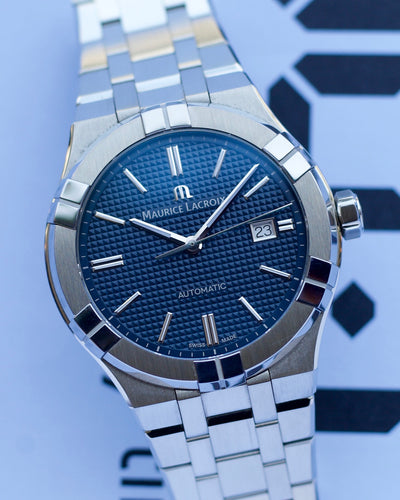ML steel watch with waffle style blue dial