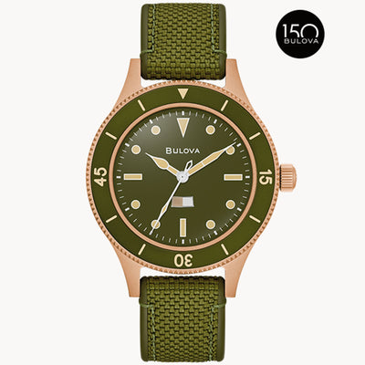 Bulova bronze diver watch on green strap