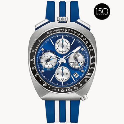 Bulova Chronograph steel watch with cobra Shelby logo blue and white color ways 