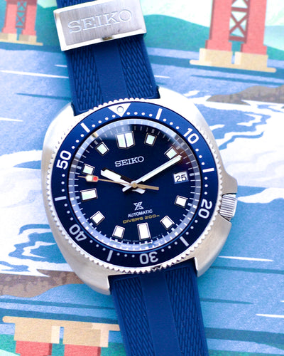 Seiko watch with blue strap on a colorful background