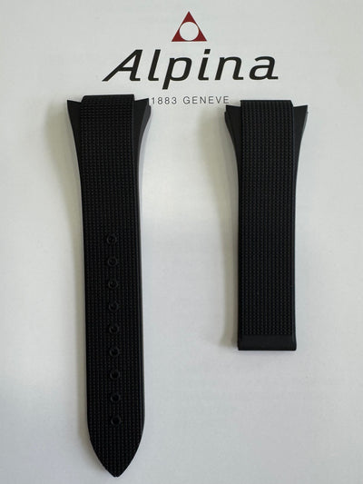 Black watch strap with Alpina logo on a white background