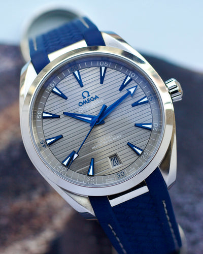 omega steel watch with blue markers