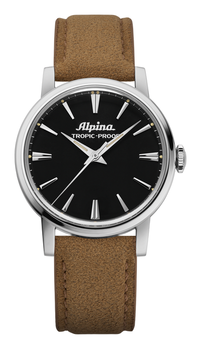 Alpina watch with brown strap and black dial on a white background