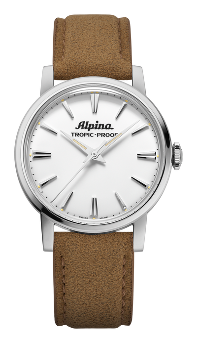 Alpina watch with brown leather strap on a white background