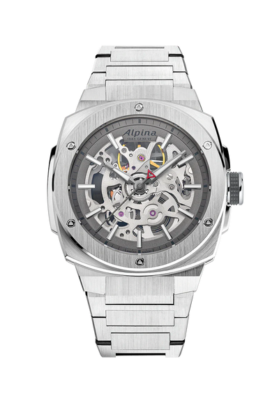 Alpina steel watch with skeletonized dial 