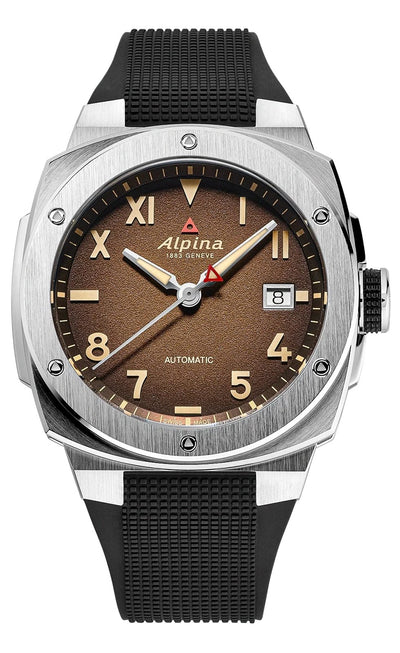 Alpina watch with brown dial and black strap on a white background