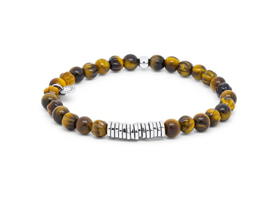 Bracelet with tiger eye beads and silver clasp on a white background