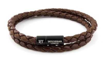 Brown braided leather bracelet with Tateossian London tag on a white background
