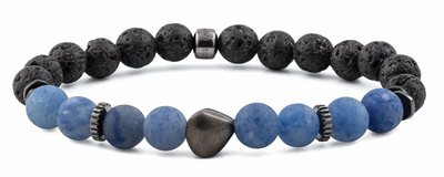 Black and blue beaded bracelet on a white background