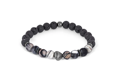 Black beaded bracelet with gray and white stones on a white background