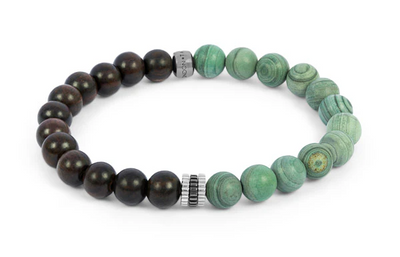 Bracelet with alternating dark brown and green beads on a white background