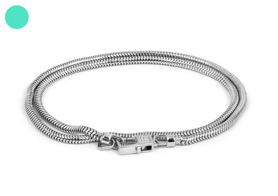 Silver snake chain bracelet with clasp on a white background